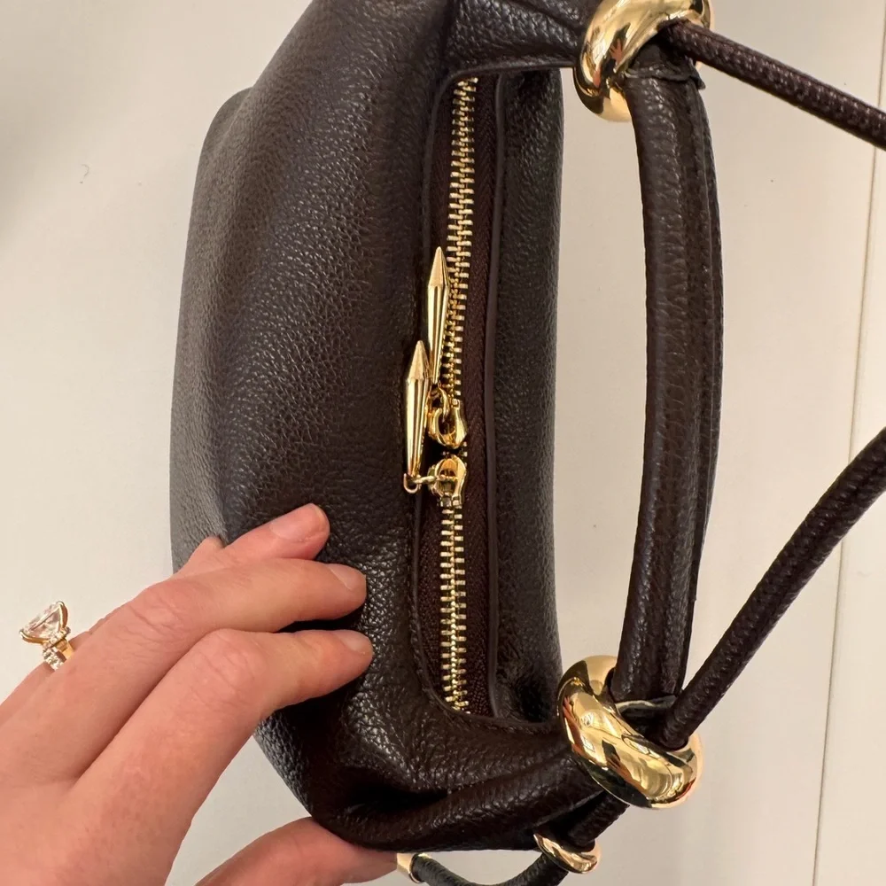 Dark Brown Pebbled Shoulder Bag with Gold Hardware